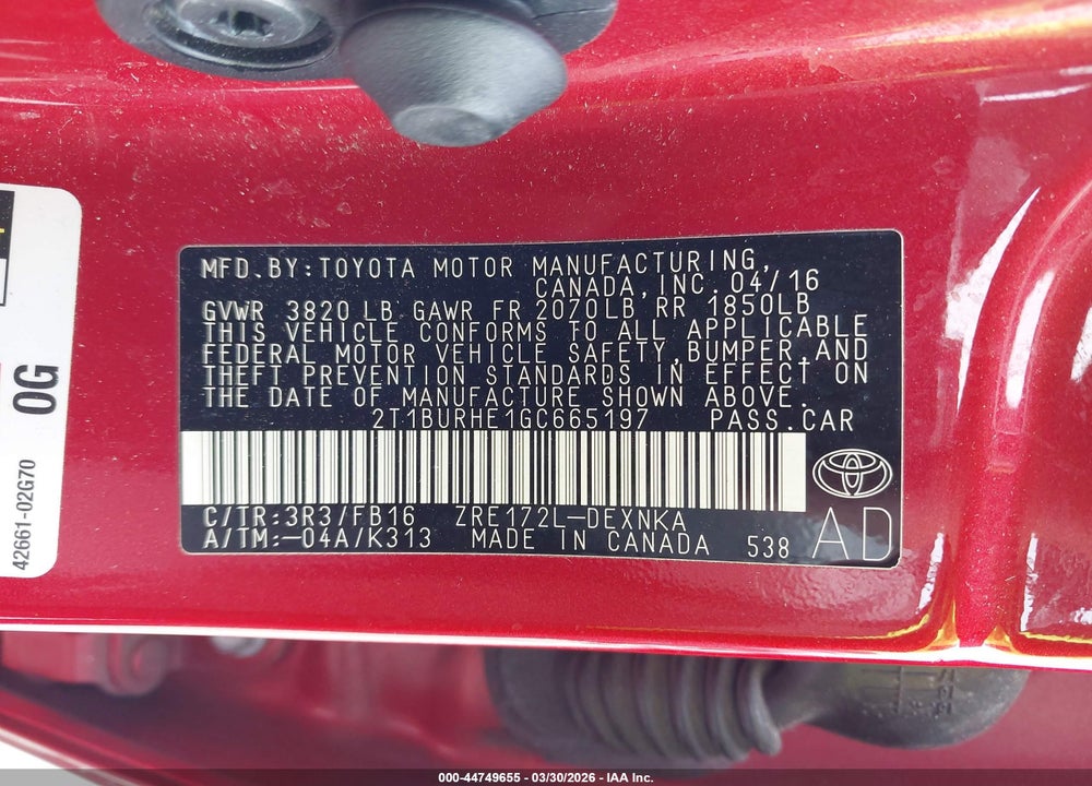 2016 TOYOTA COROLLA LE VIN: 2T1BURHE1GC665197