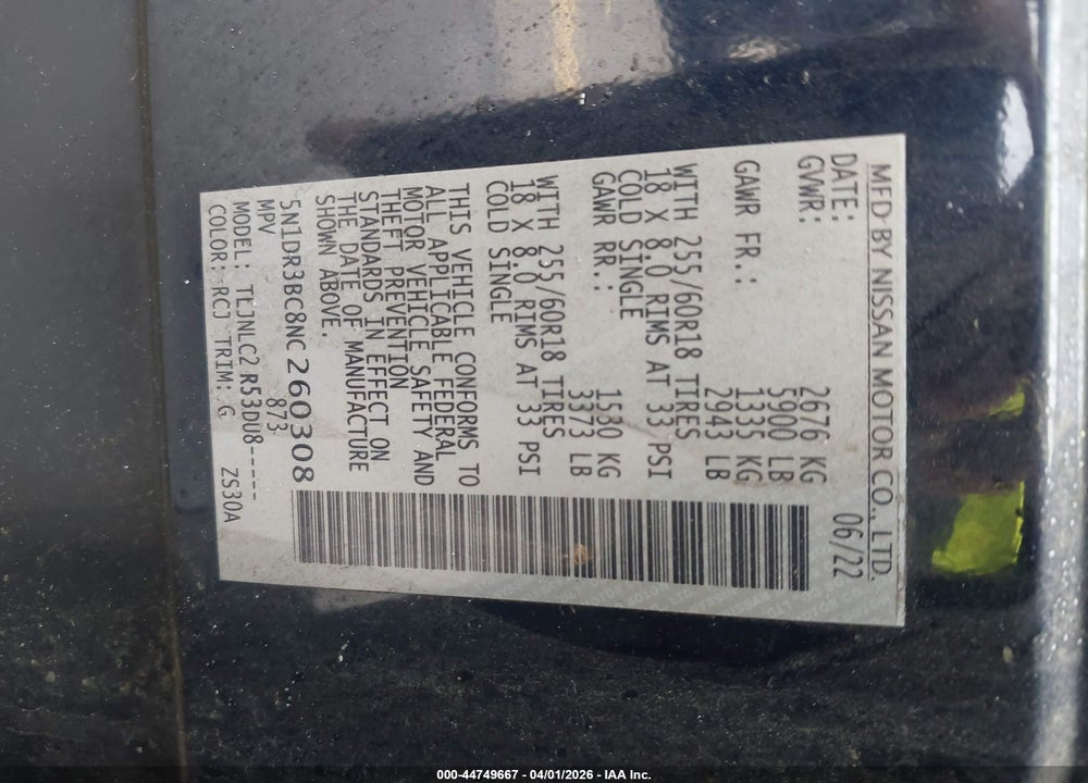 2022 NISSAN PATHFINDER SV 4WD VIN: 5N1DR3BC8NC260308