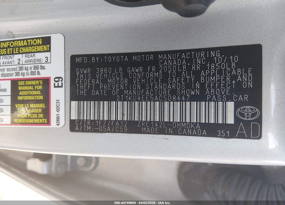 2010 TOYOTA MATRIX VIN: 2T1KU4EE5AC508447