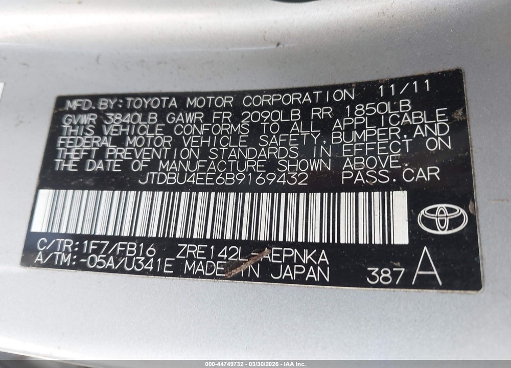 2011 TOYOTA COROLLA LE VIN: JTDBU4EE6B9169432