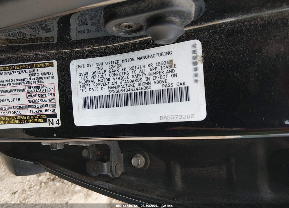2004 PONTIAC VIBE VIN: 5Y2SL64844Z446060