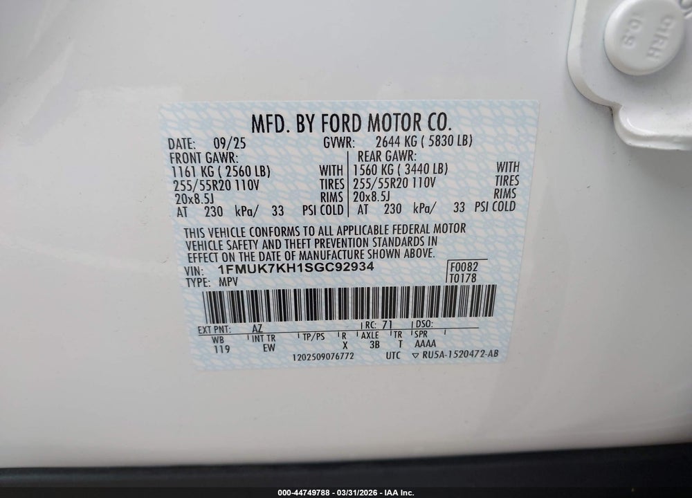 2025 FORD EXPLORER ST-LINE VIN: 1FMUK7KH1SGC92934