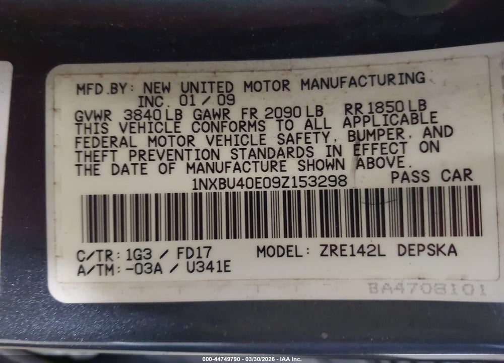 2009 TOYOTA COROLLA S VIN: 1NXBU40E09Z153298