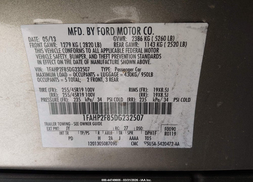 2013 FORD TAURUS LIMITED VIN: 1FAHP2F85DG232507