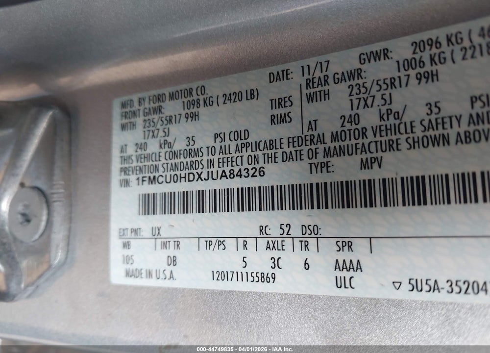 2018 FORD ESCAPE SEL VIN: 1FMCU0HDXJUA84326