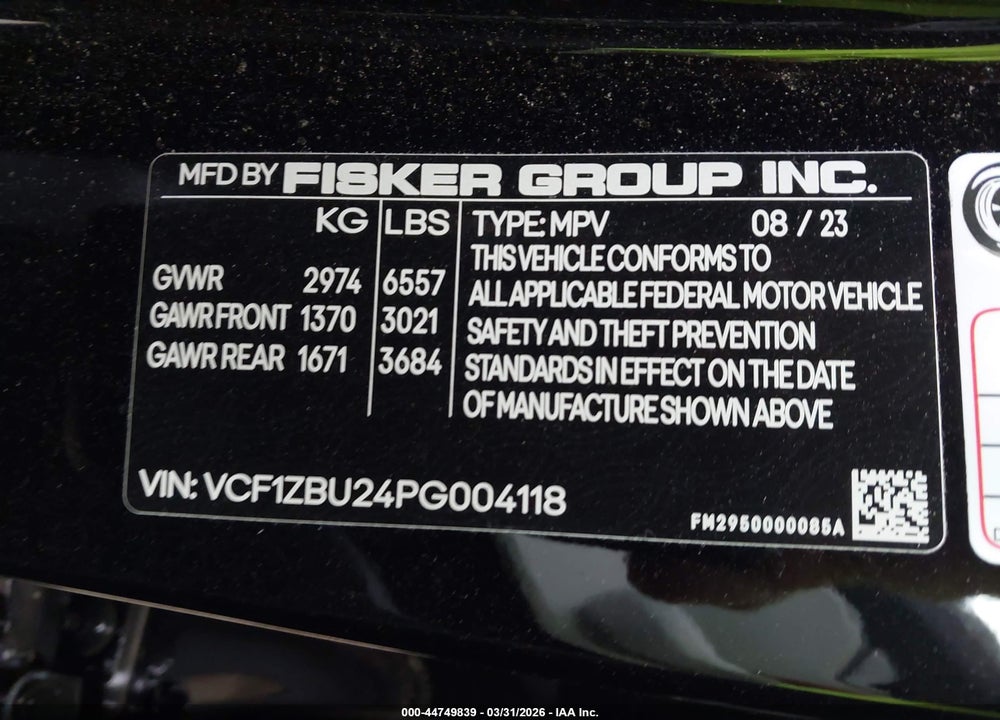 2023 FISKER OCEAN ONE VIN: VCF1ZBU24PG004118