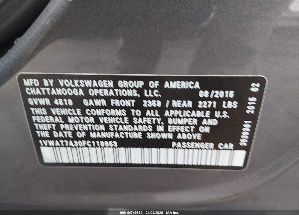 2015 VOLKSWAGEN PASSAT 1.8T LIMITED EDITION VIN: 1VWAT7A30FC119653
