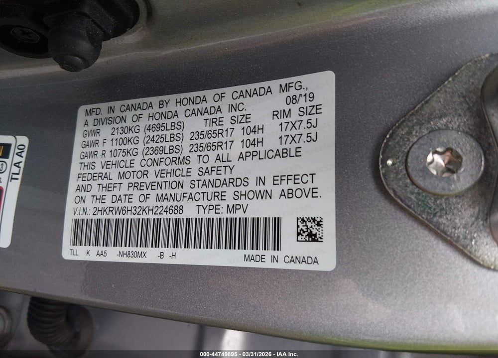 2019 HONDA CR-V LX VIN: 2HKRW6H32KH224688