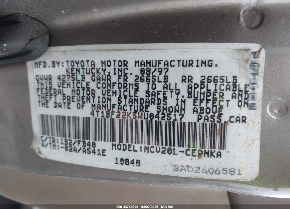 1998 TOYOTA CAMRY LE V6 VIN: 4T1BF22K5WU042517