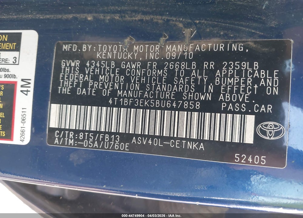 2011 TOYOTA CAMRY LE VIN: 4T1BF3EK5BU647858