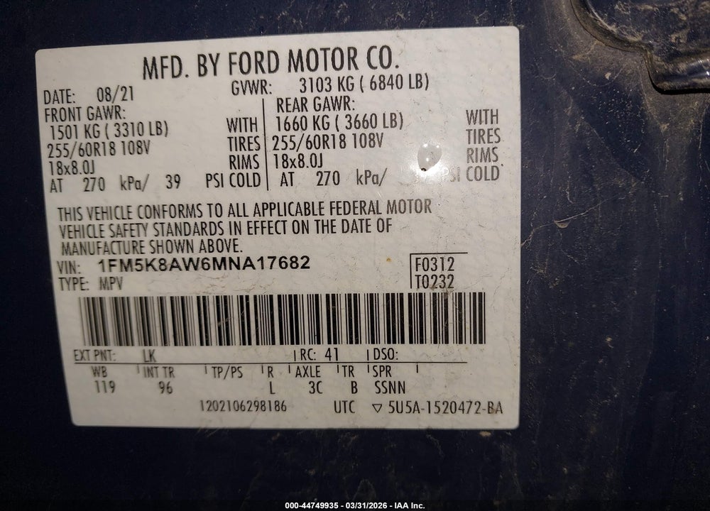2021 FORD POLICE INTERCEPTOR UTILITY VIN: 1FM5K8AW6MNA17682