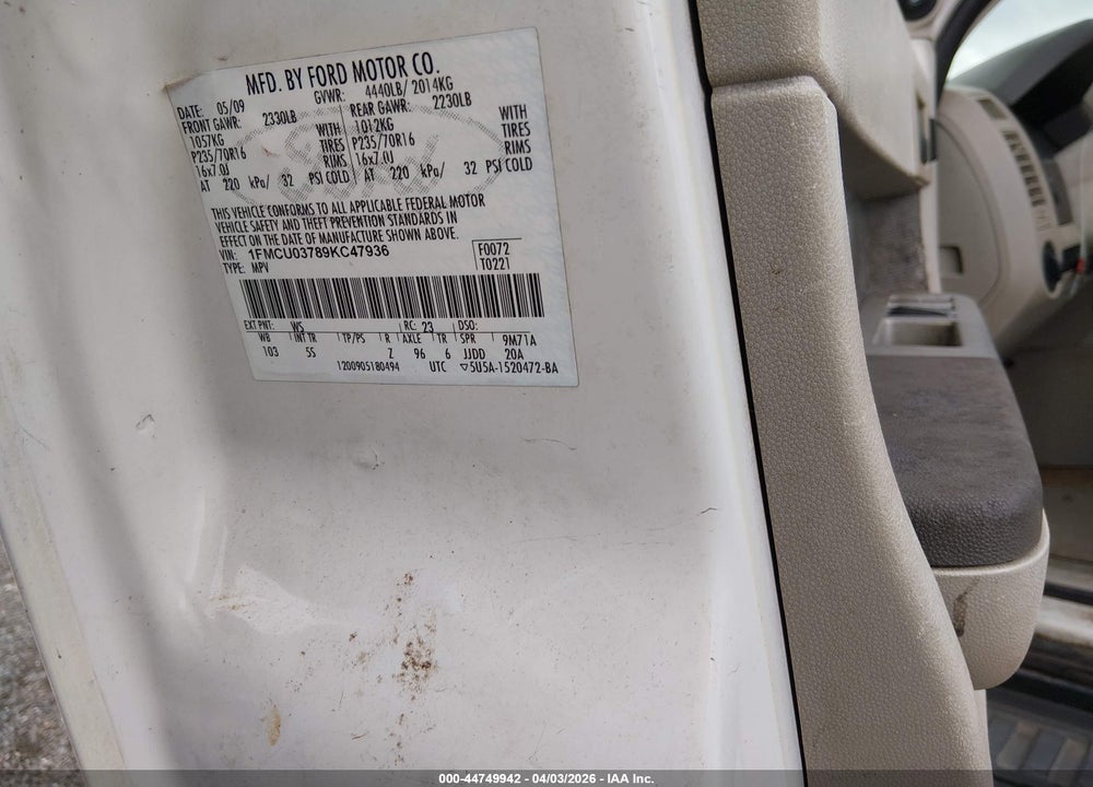 2009 FORD ESCAPE XLT VIN: 1FMCU03789KC47936