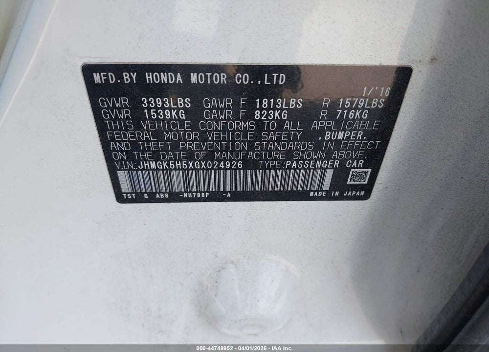 2016 HONDA FIT LX VIN: JHMGK5H5XGX024926