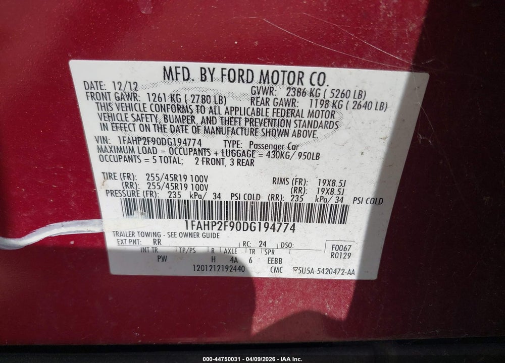 2013 FORD TAURUS LIMITED VIN: 1FAHP2F90DG194774