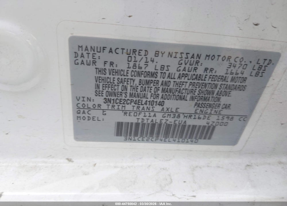 2014 NISSAN VERSA NOTE SV VIN: 3N1CE2CP4EL410140
