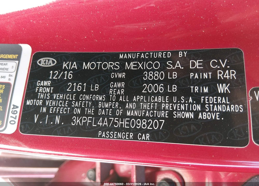 2017 KIA FORTE S VIN: 3KPFL4A75HE098207