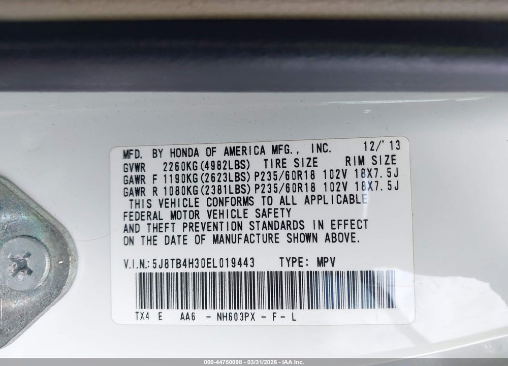 2014 ACURA RDX VIN: 5J8TB4H30EL019443