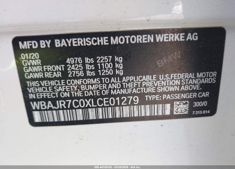 2020 BMW 530I XDRIVE VIN: WBAJR7C0XLCE01279