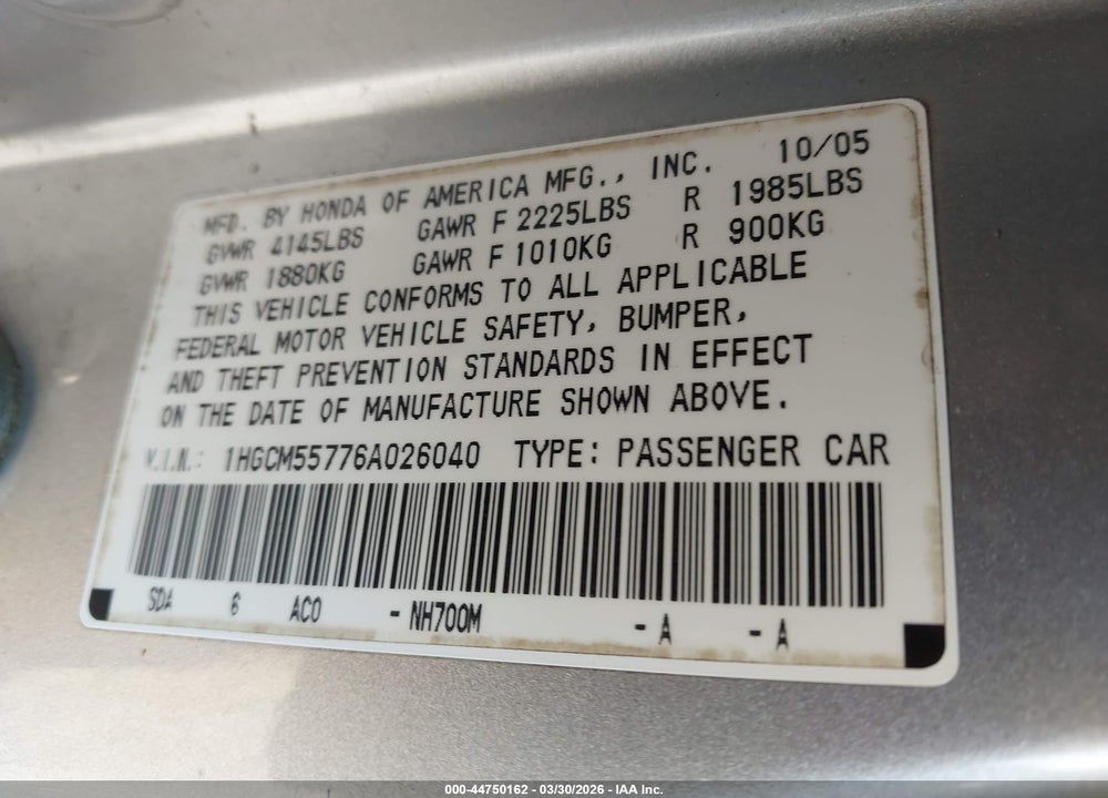 2006 HONDA ACCORD 2.4 EX VIN: 1HGCM55776A026040