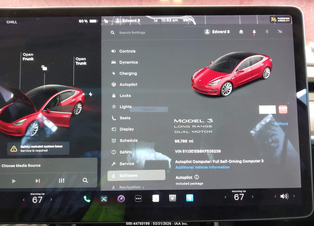 2019 TESLA MODEL 3 LONG RANGE/PERFORMANCE VIN: 5YJ3E1EB8KF535239