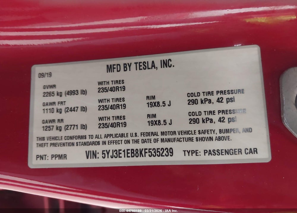 2019 TESLA MODEL 3 LONG RANGE/PERFORMANCE VIN: 5YJ3E1EB8KF535239