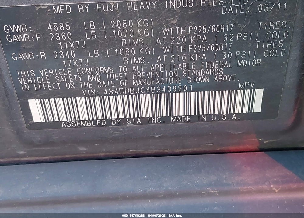 2011 SUBARU OUTBACK 2.5I LIMITED VIN: 4S4BRBJC4B3409201