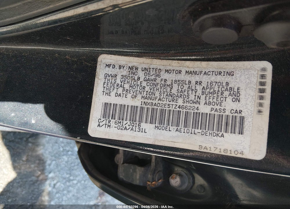 1996 TOYOTA COROLLA VIN: 1NXBA02E5TZ466224