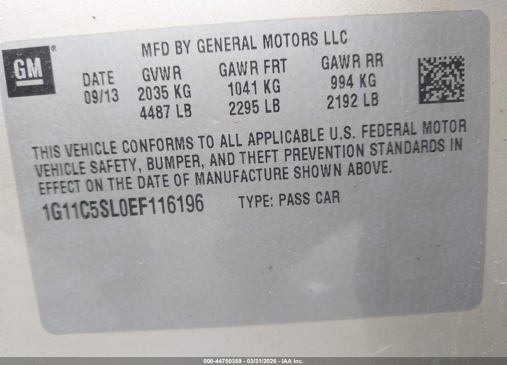2014 CHEVROLET MALIBU 1LT VIN: 1G11C5SL0EF116196