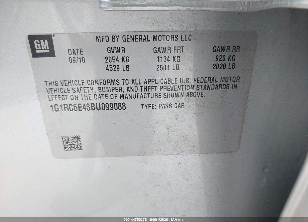 2011 CHEVROLET VOLT VIN: 1G1RC6E43BU099088