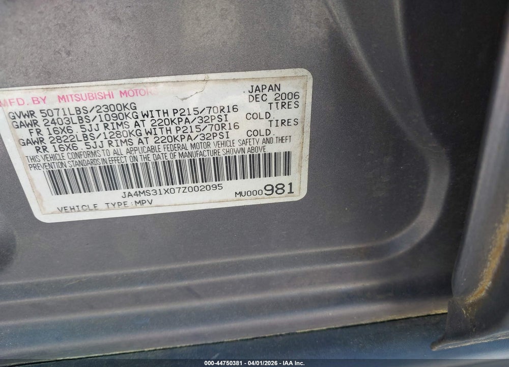 2007 MITSUBISHI OUTLANDER ES/LS VIN: JA4MS31X07Z002095