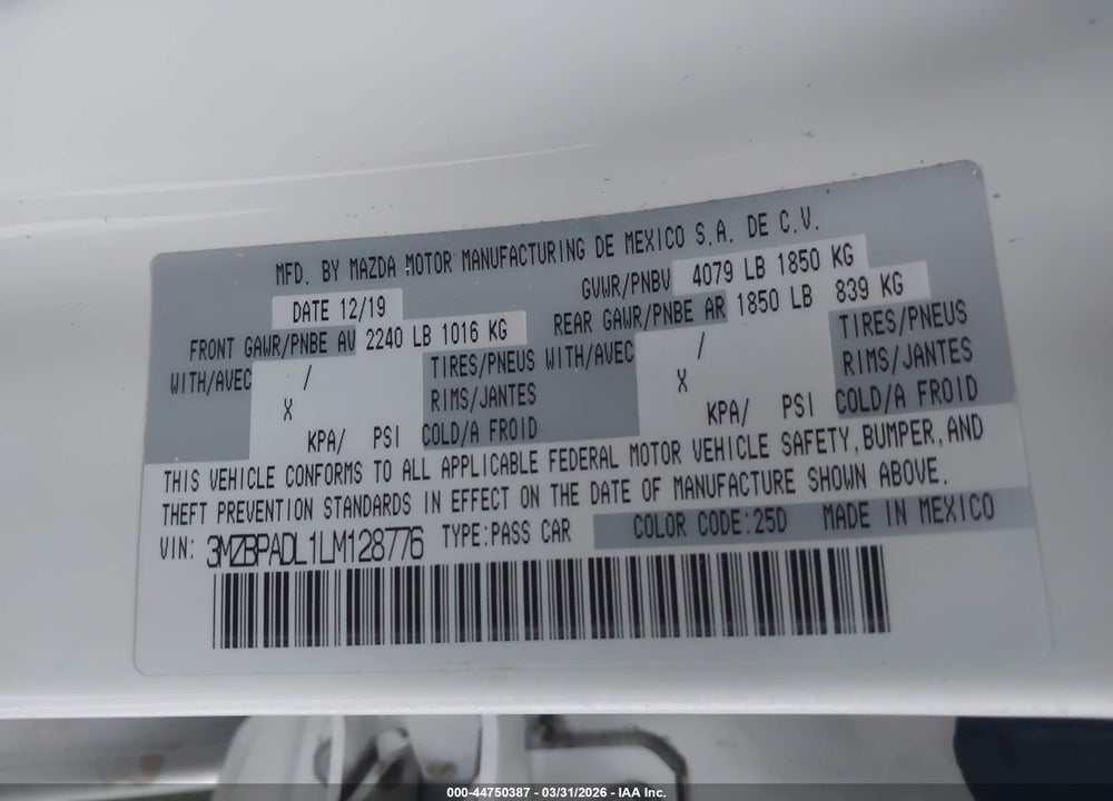 2020 MAZDA 3 PREFERRED PACKAGE VIN: 3MZBPADL1LM128776
