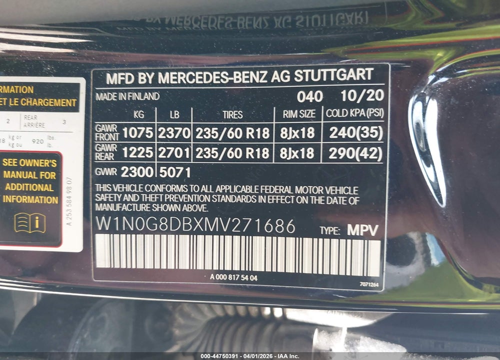 2021 MERCEDES-BENZ GLC 300 SUV VIN: W1N0G8DBXMV271686