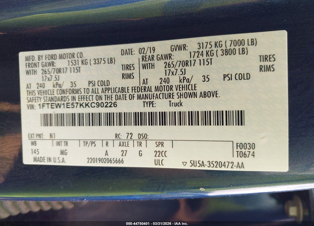 2019 FORD F150 VIN: 1FTEW1E57KKC90226