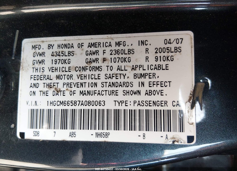 2007 HONDA ACCORD 3.0 EX VIN: 1HGCM66587A080063
