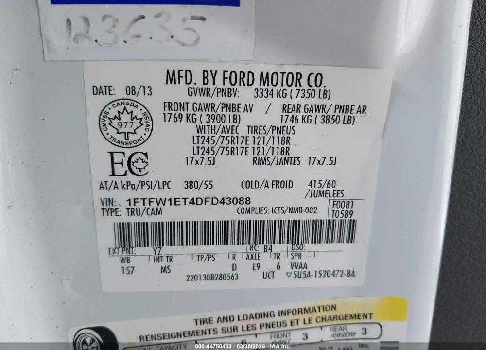2013 FORD F-150 XLT VIN: 1FTFW1ET4DFD43088