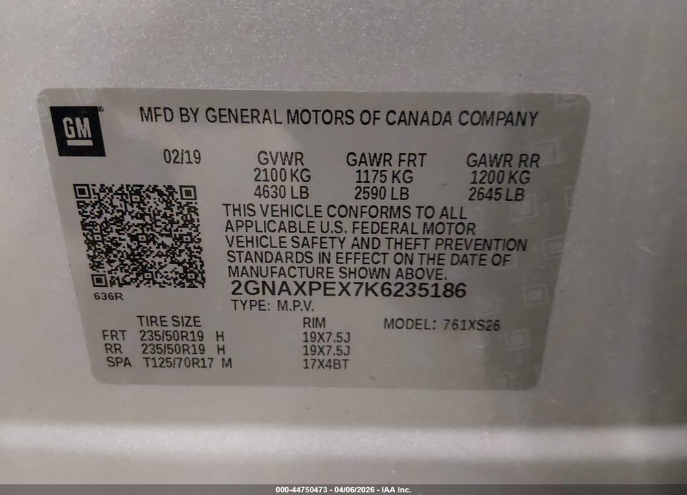 2019 CHEVROLET EQUINOX PREMIER VIN: 2GNAXPEX7K6235186