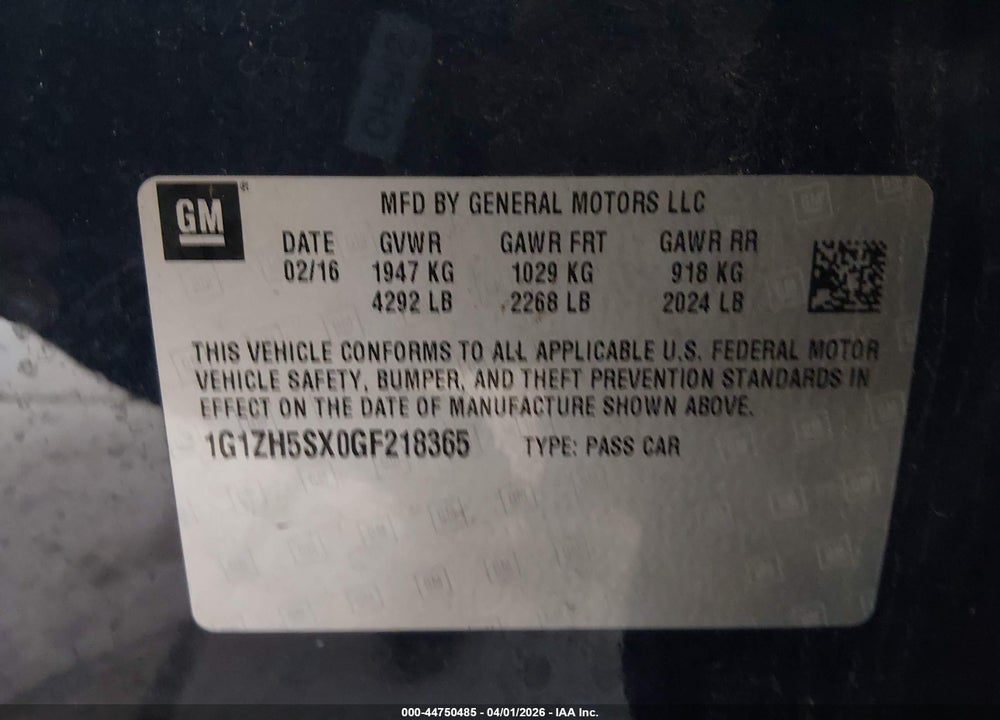 2016 CHEVROLET MALIBU PREMIER VIN: 1G1ZH5SX0GF218365