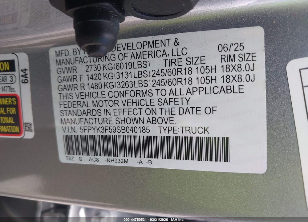 2025 HONDA RIDGELINE RTL VIN: 5FPYK3F59SB040185