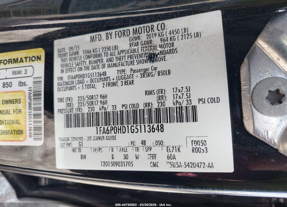 2016 FORD FUSION SE VIN: 1FA6P0HD1G5113648