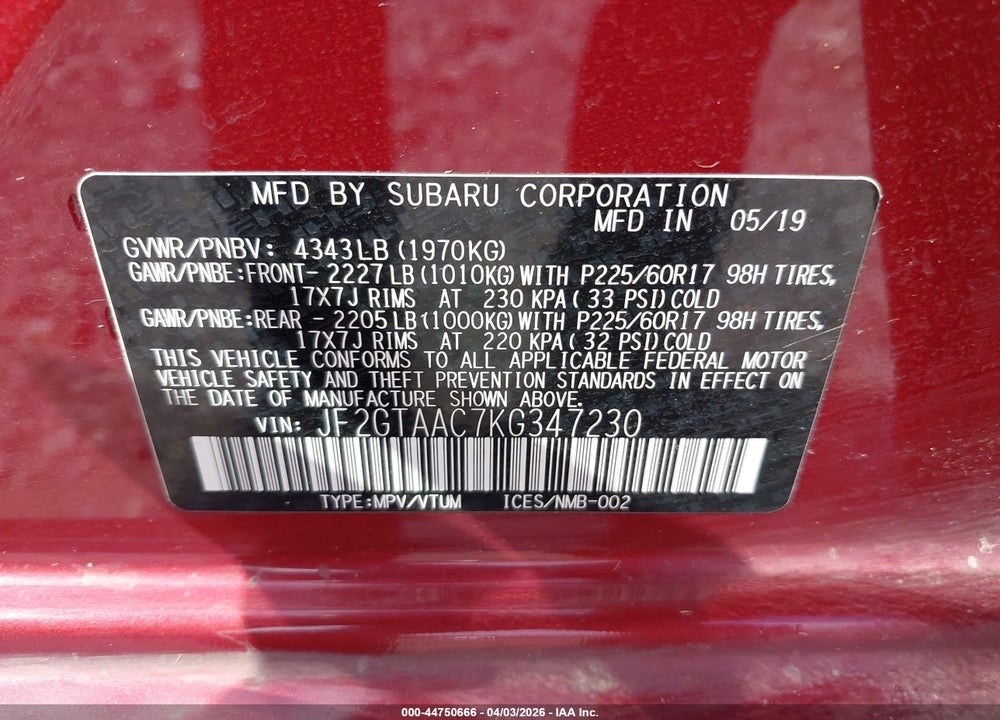 2019 SUBARU CROSSTREK VIN: JF2GTAAC7KG347230