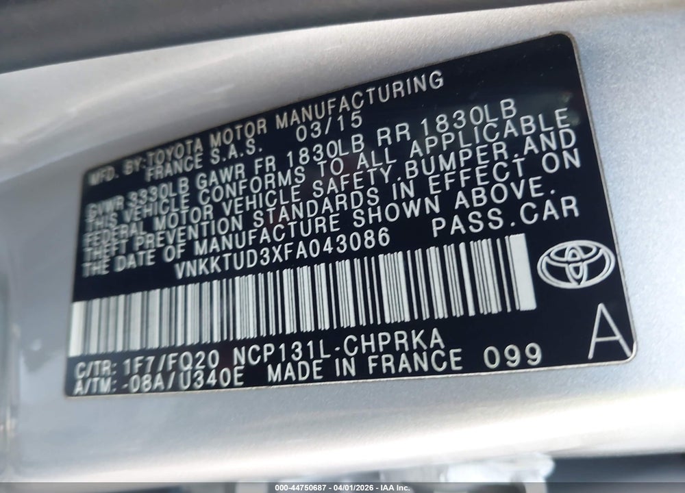2015 TOYOTA YARIS L VIN: VNKKTUD3XFA043086
