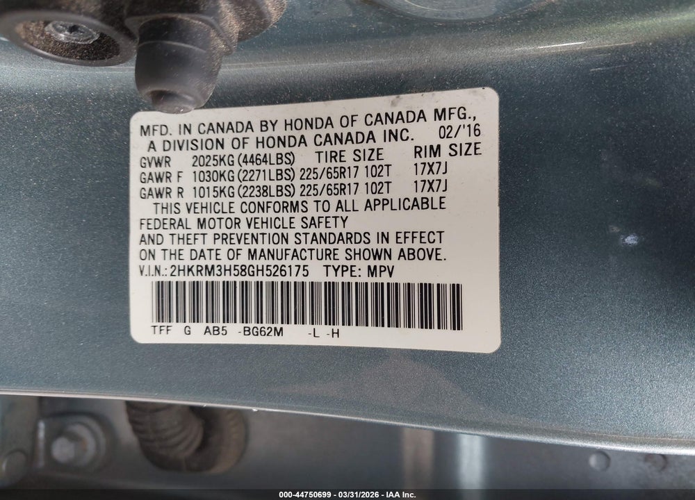 2016 HONDA CR-V EX VIN: 2HKRM3H58GH526175