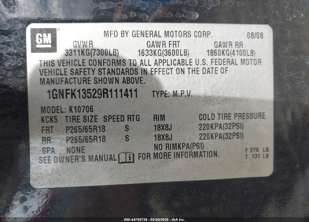 2009 CHEVROLET TAHOE HYBRID VIN: 1GNFK13529R111411