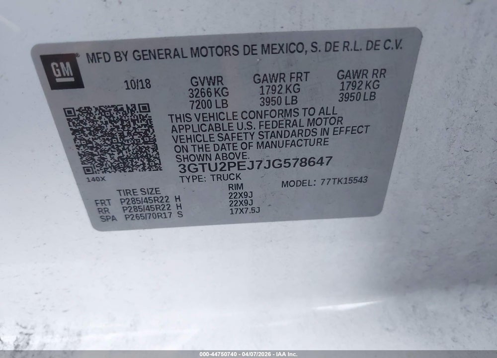 2018 GMC SIERRA 1500 DENALI VIN: 3GTU2PEJ7JG578647