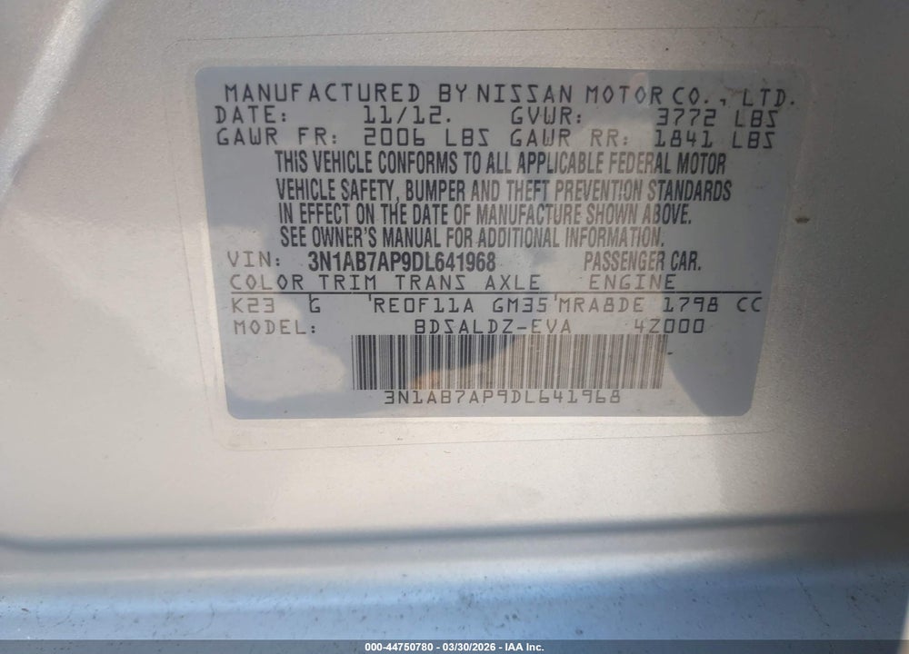 2013 NISSAN SENTRA SV VIN: 3N1AB7AP9DL641968