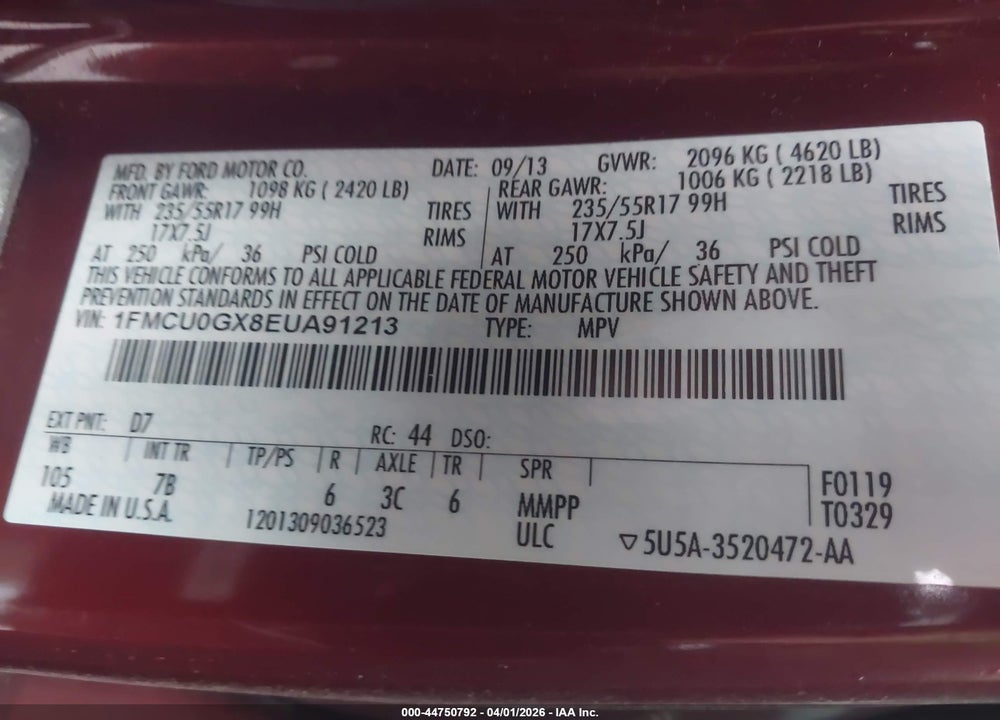 2014 FORD ESCAPE SE VIN: 1FMCU0GX8EUA91213