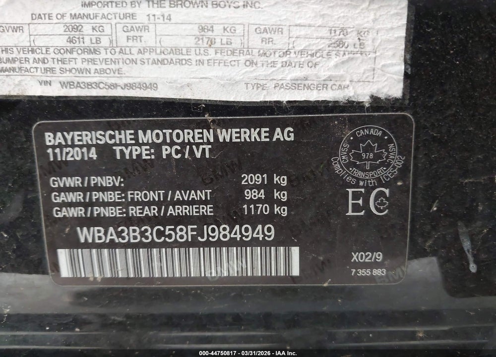 2015 BMW 328I XDRIVE VIN: WBA3B3C58FJ984949