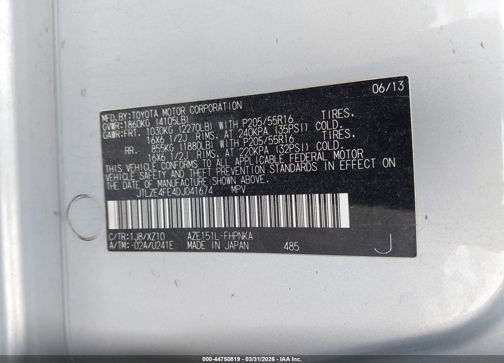 2013 SCION XB 10 SERIES VIN: JTLZE4FE4DJ041674