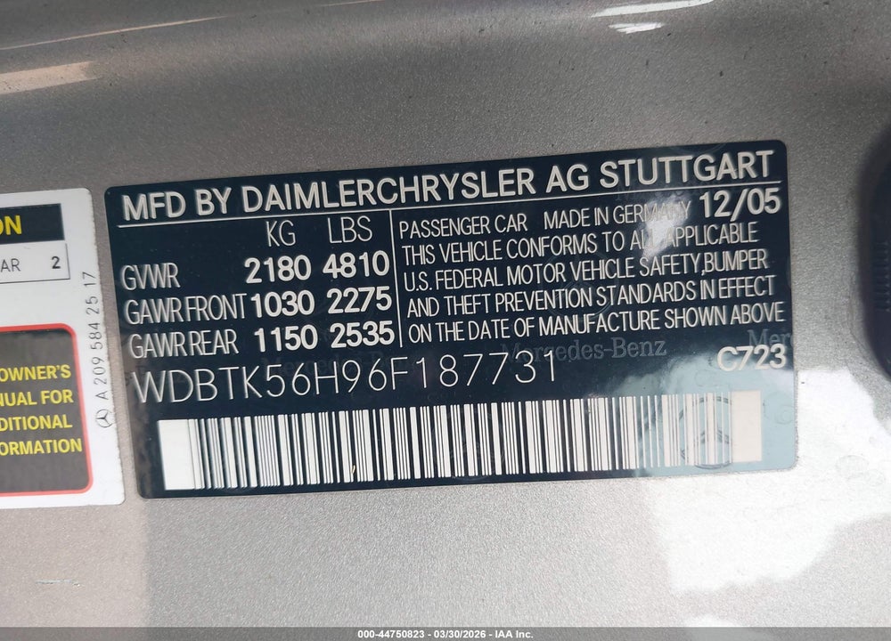 2006 MERCEDES-BENZ CLK 350 VIN: WDBTK56H96F187731