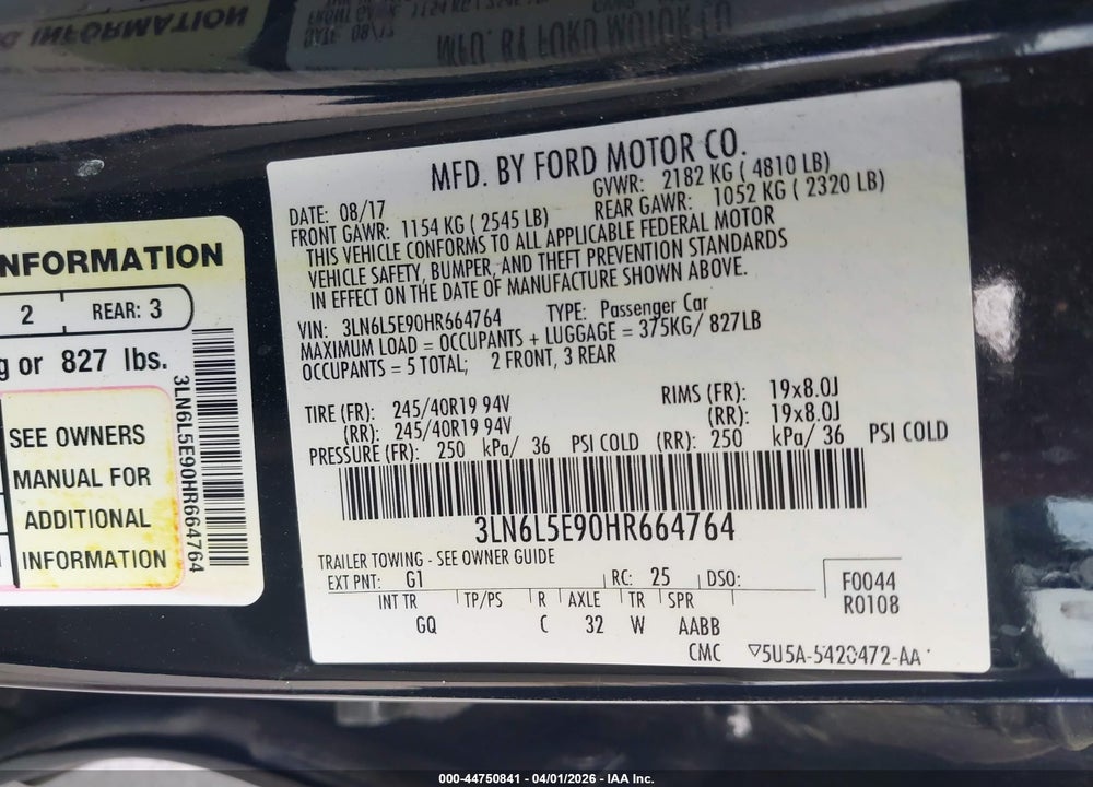 2017 LINCOLN MKZ RESERVE VIN: 3LN6L5E90HR664764